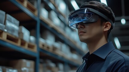 Warehouse worker using augmented reality for inventory management, e-commerce efficiency.