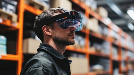 Warehouse worker using augmented reality for inventory management, e-commerce efficiency.