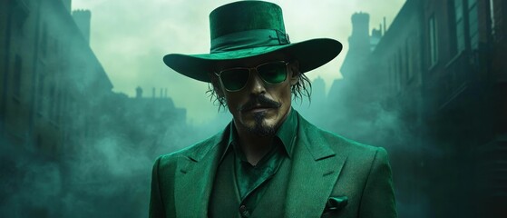 Mysterious man green suit smoky city background