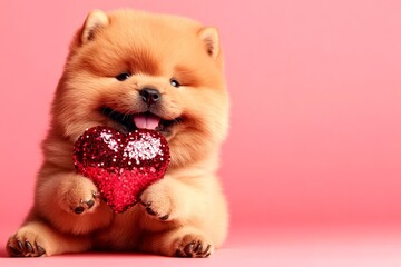 Promotion visual idea. Cute chow doggy with sparkling rhinestones red heart - sign of love, funny greeting card. Chow - my preferred dog. Valentine's day inspiration. Love and care.