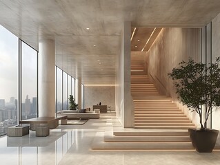 contemporary office with exposed concrete ceiling and large windows