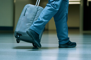 Fototapeta premium Person in Scrubs Pulling Wheeled Suitcase