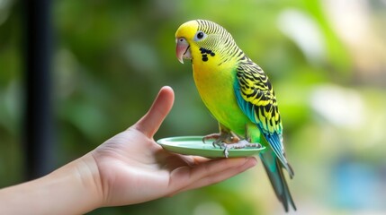 Fototapeta premium Parrot mimicking human behavior on perch, showcasing advanced animal imitation abilities.