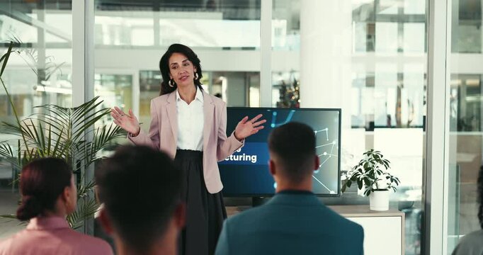Career woman, presentation and group with screen for corporate restructuring, training and teamwork. Speaker, tech and communication for audience, review or feedback in office for business innovation