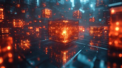 Fototapeta premium Glowing cubes float futuristic cityscape