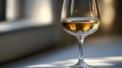 Obraz premium Golden liquid in a crystal glass, sunlight gleams.