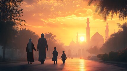 A family's serene journey towards the mosque at golden sunset time