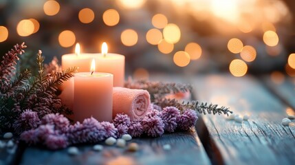 Soothing spa scene with pink candles, soft towels, and festive greenery.