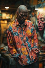 Obraz premium Tattooed man pensive floral shirt workshop setting
