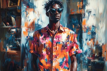 Obraz premium Stylish man vibrant floral shirt sunglasses portrait