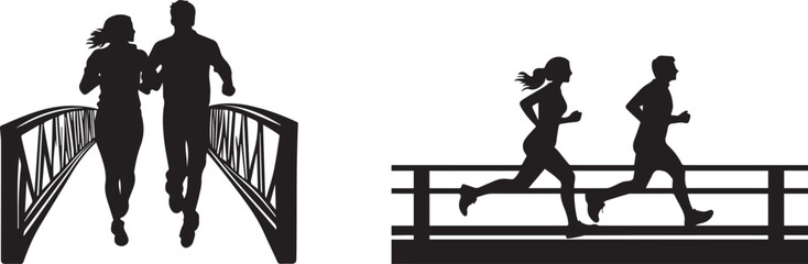 Silhouette of a couple running across a bridge vector silhouette