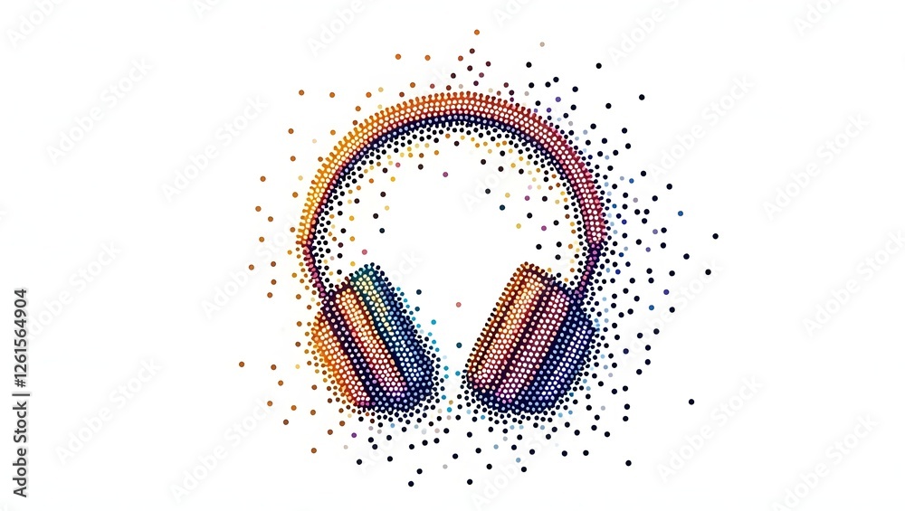 Wall mural Abstract art in dot style composed of small dots, different colors and pastels. Trendy over-ear headphones placed on a white background. Wonderful world of music and sounds.