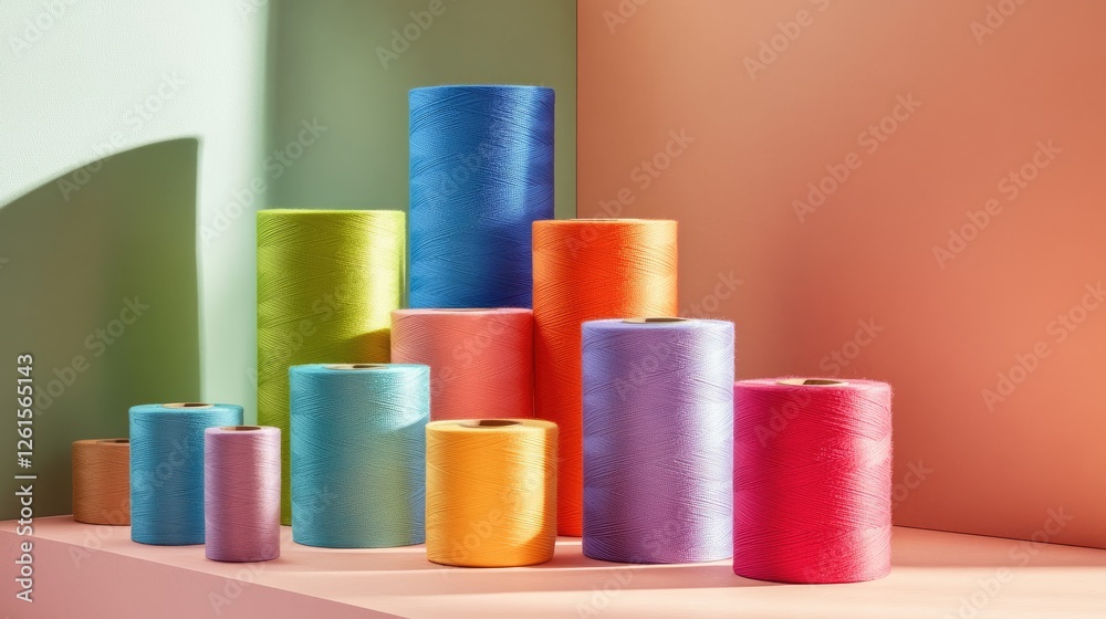 Poster a beautifully arranged set of colorful spools of thread, showcasing a rainbow of hues in a well-lit 