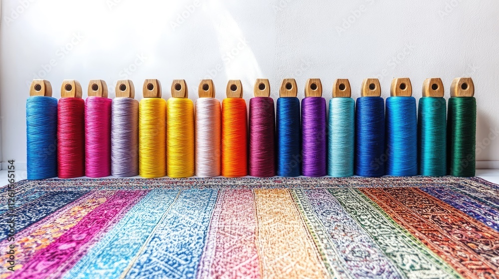 Aufkleber a beautifully arranged set of colorful spools of thread, showcasing a rainbow of hues in a well-lit 