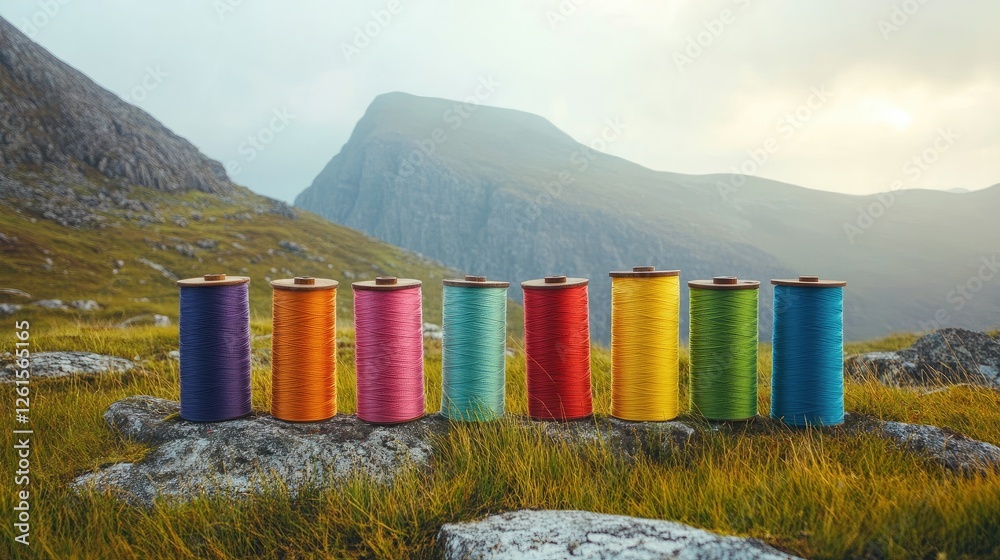 Poster a beautifully arranged set of colorful spools of thread, showcasing a rainbow of hues in a well-lit 