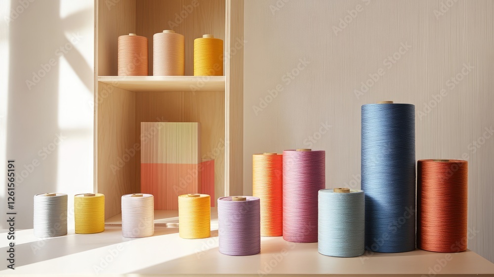 Poster a beautifully arranged set of colorful spools of thread, showcasing a rainbow of hues in a well-lit 