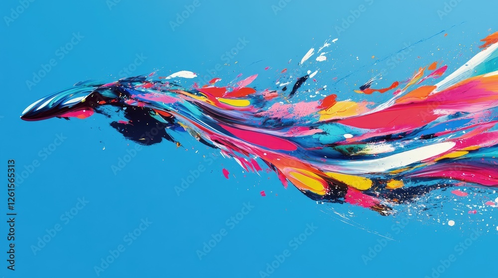 Poster a blend of vibrant colors racing across a smooth blue backdrop, visually illustrating high-speed mot