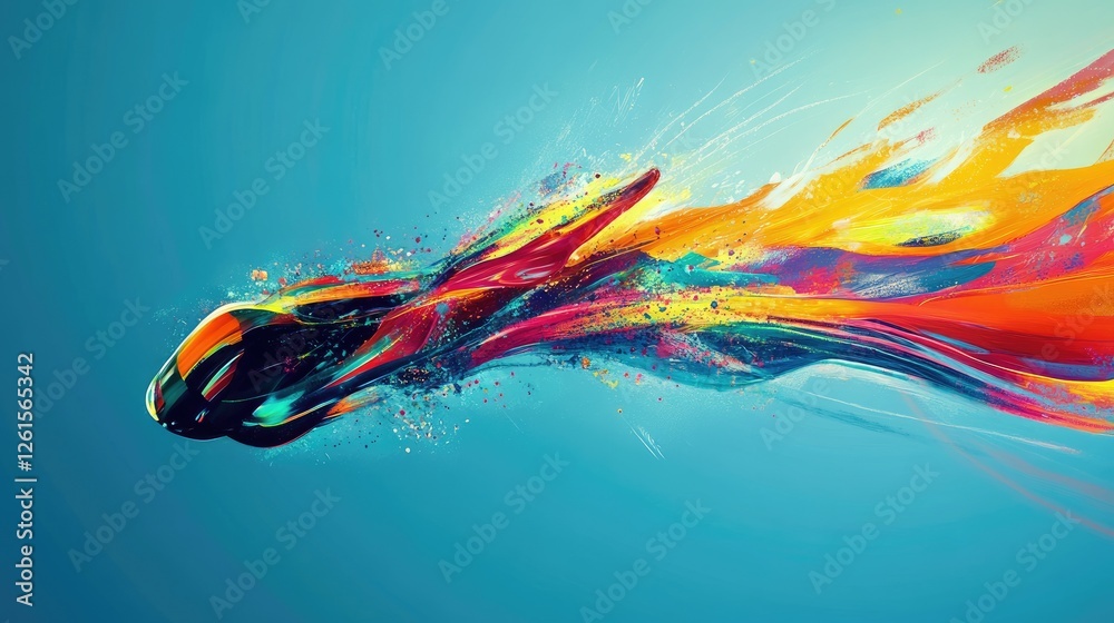 Poster a blend of vibrant colors racing across a smooth blue backdrop, visually illustrating high-speed mot