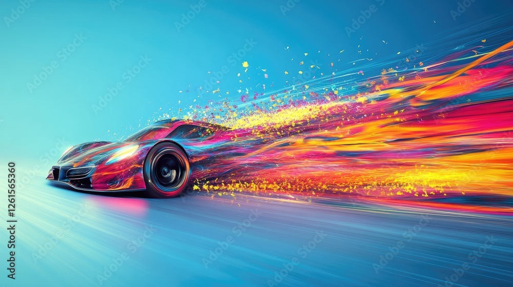 Poster a blend of vibrant colors racing across a smooth blue backdrop, visually illustrating high-speed mot