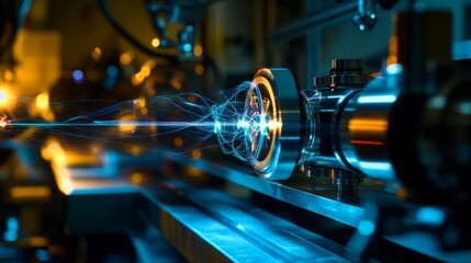 Fototapeta premium Multidimensional light beams refracting, abstract quantum physics visualization of energy and space. 