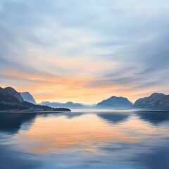 Fototapeta premium Serene Sunset Over Calm Water with Majestic Mountains Reflections