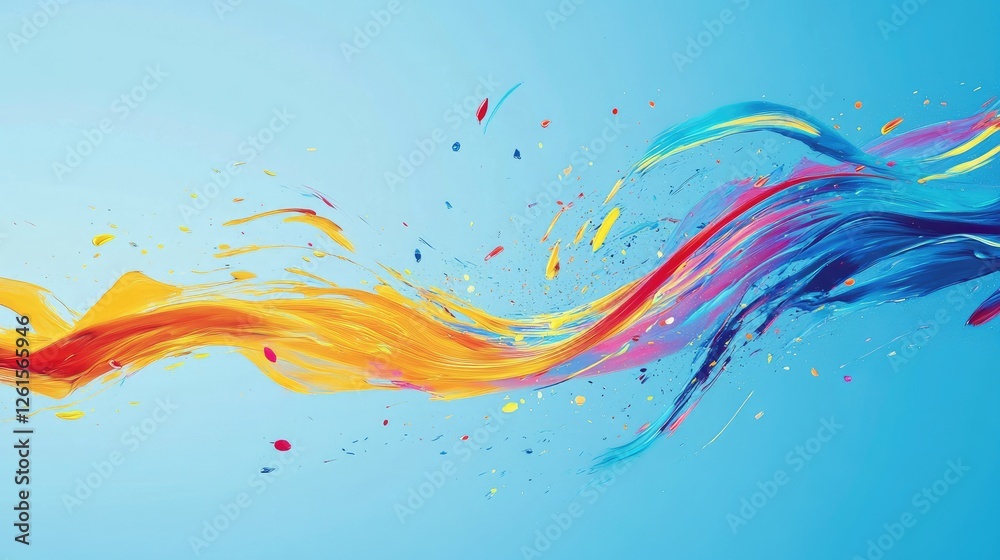 Poster a burst of vibrant colors racing across a peaceful blue background, visually conveying high-speed mo