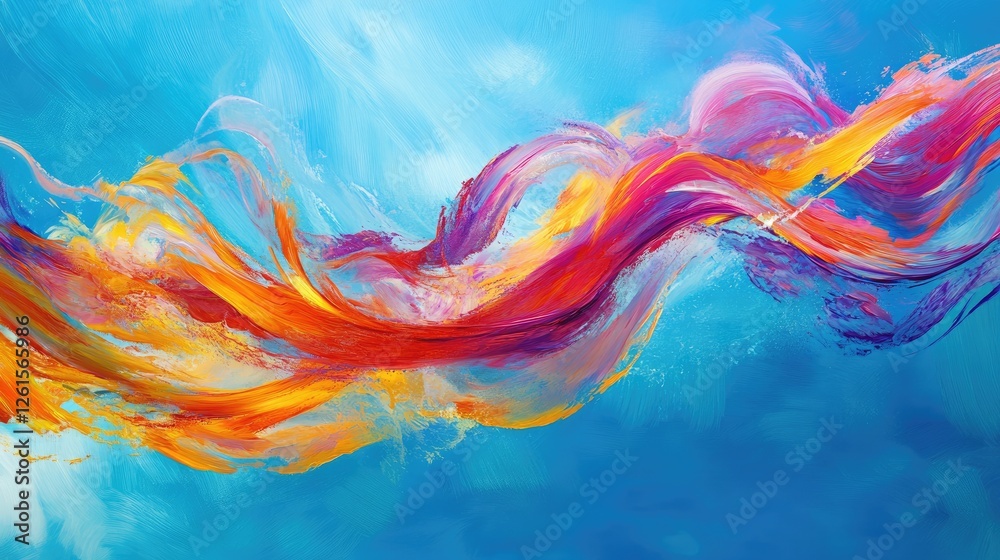 Poster a burst of vibrant colors racing across a peaceful blue background, visually conveying high-speed mo