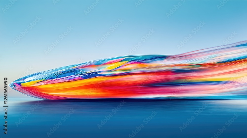 Poster a burst of vibrant colors racing across a peaceful blue background, visually conveying high-speed mo
