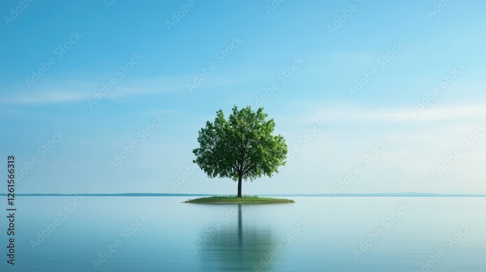 Poster a calm landscape featuring a single tree on an island surrounded by water, under a pristine blue sky