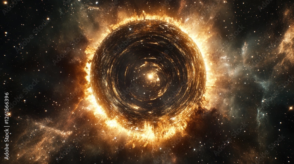 Poster a captivating cosmic scene with space and time warping around a massive celestial body, surrounded b