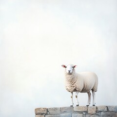 Serene Sheep Standing Near Stone Wall in Soft Natural Landscape