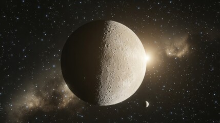 Naklejka premium Moon amidst stars and planets, a tranquil celestial alignment in the night sky. 