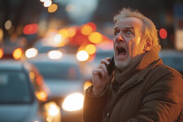 Middle-aged man shouting into phone on busy city street during evening rush hour