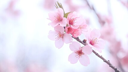 Obraz premium Delicate cherry blossom branch with pink flowers against a soft, blurred background in spring