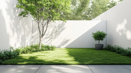 A clean and modern backyard design featuring fresh green grass, a small potted tree, and a minimalist white wall for a sleek contrast