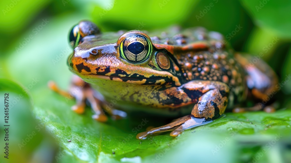 Poster a close-up of a frog on a green leaf, capturing the vivid colors of the amphibian and the natural be