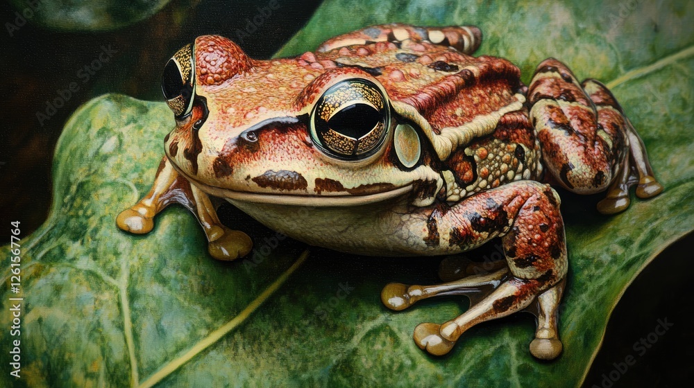Poster a close-up of a frog on a green leaf, capturing the vivid colors of the amphibian and the natural be