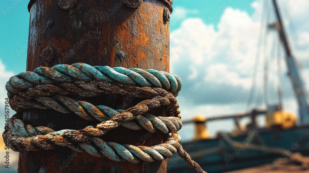Poster a close-up of a rusted bollard on a dock, with thick ropes tangled around it and a bright, sunny sky