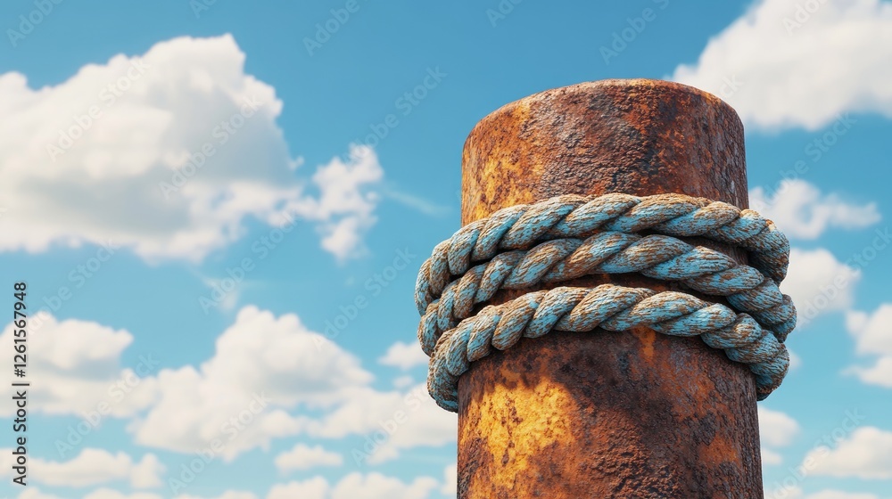 Poster a close-up of a rusty bollard with thick ropes coiled around it, set against a clear blue sky and fl
