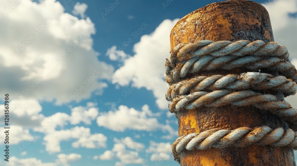 Poster a close-up of a rusty port bollard with thick ropes, set against a bright sky with fluffy clouds, cr