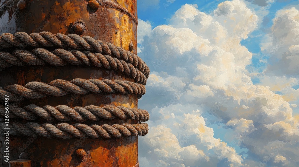 Poster a close-up of a rusty port bollard with thick ropes, set against a bright sky with fluffy clouds, cr