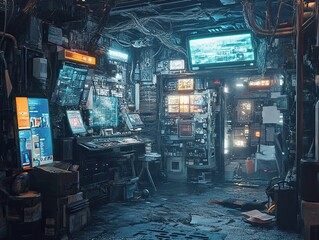 Cyberpunk control room, cluttered tech, dim lighting, data streams, futuristic background, sci-fi film set