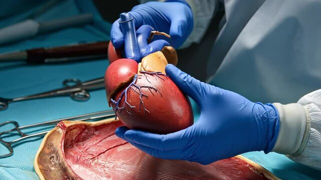 Forensic scientist&rsquo;s gloved hands holding a human heart during autopsy with instruments and books nearby.