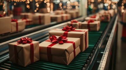 Obraz premium A close-up of gifts on a conveyor belt in a holiday warehouse, creating a seasonal and busy atmosphere, with space available for custom text or designs