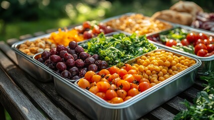 Colorful and Fresh Salad Bar Assortment: Healthy Eating with Vibrant Ingredients Displayed in Metal Trays for a Delicious Outdoor Meal.