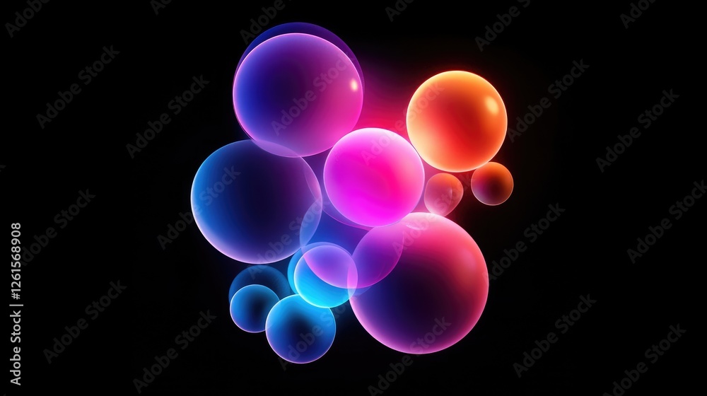 Poster a cluster of glowing neon bubbles floating against a deep black background, creating a stunning, mod