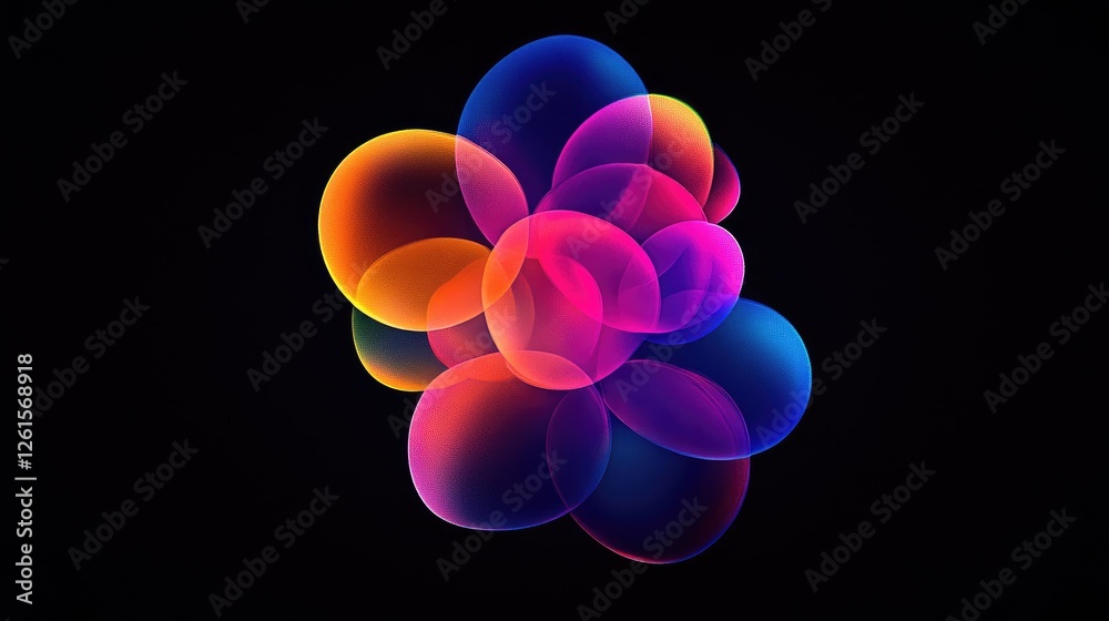Poster A cluster of glowing neon bubbles floating against a deep black background, creating a stunning, modern design with vibrant colors and sharp contrast