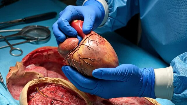 Forensic scientist&rsquo;s gloved hands holding a human heart during autopsy with instruments and books nearby.