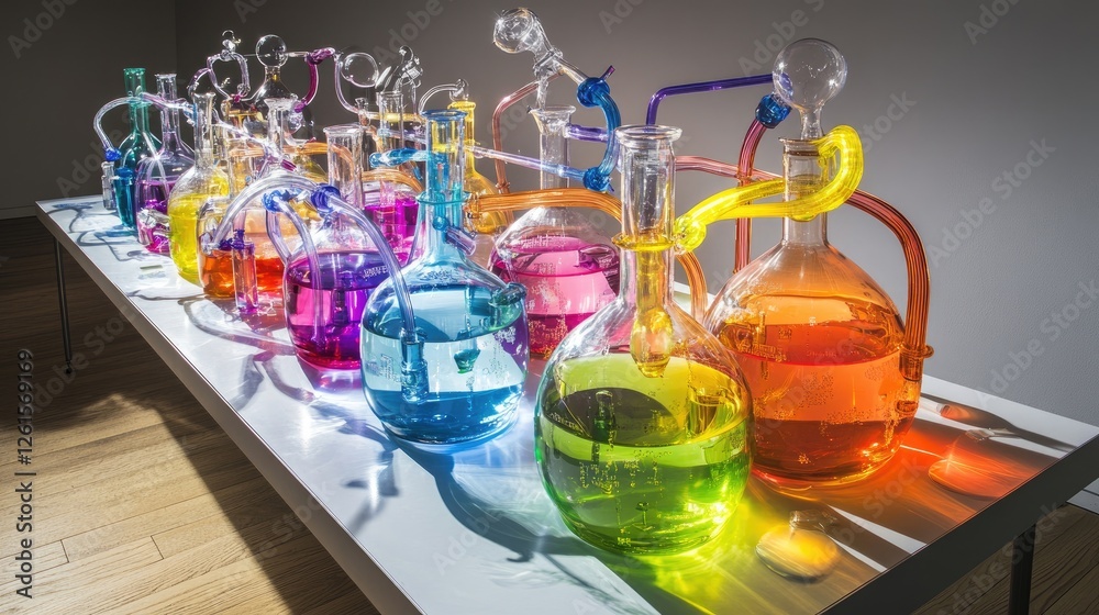 Poster A collection of lab flasks filled with colorful liquids, linked by elaborate tubing, arranged on a clean, sterile bench, ideal for showcasing science or research