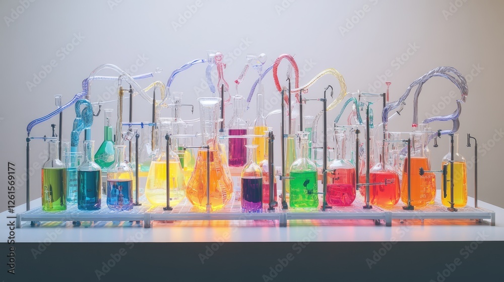 Poster a collection of lab flasks filled with colorful liquids, linked by elaborate tubing, arranged on a c